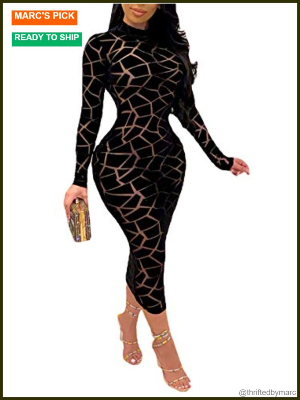 Women's Sheer Mesh Bodycon Midi Dress Long Sleeve See Through Clubwear